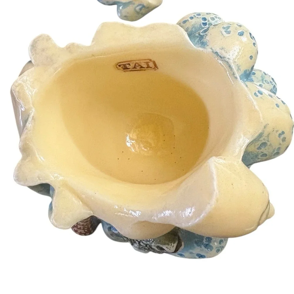 Vintage Dolphin Ceramic Trinket Box Ocean Wave Sea Shells TAI Mark Coastal Decor